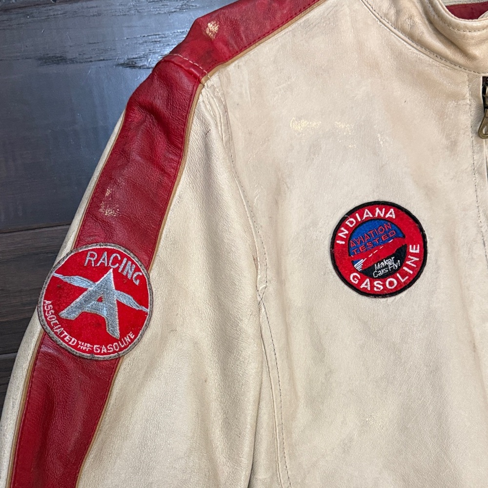 Vintage Wilsons Leather Moto Jacket w patches red cream gold - Picture 2 of 16